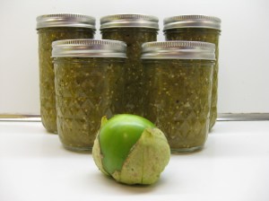 Five jars of tomatillo salsa
