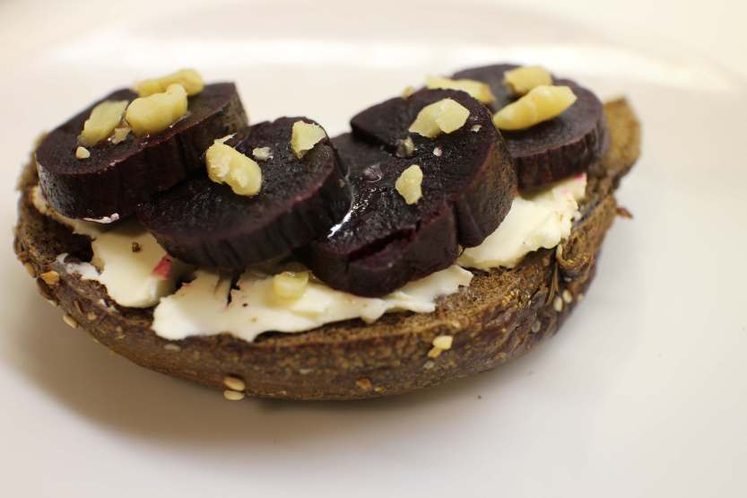 2013 0524 IMG_1806 Beets, cream cheese, bagel